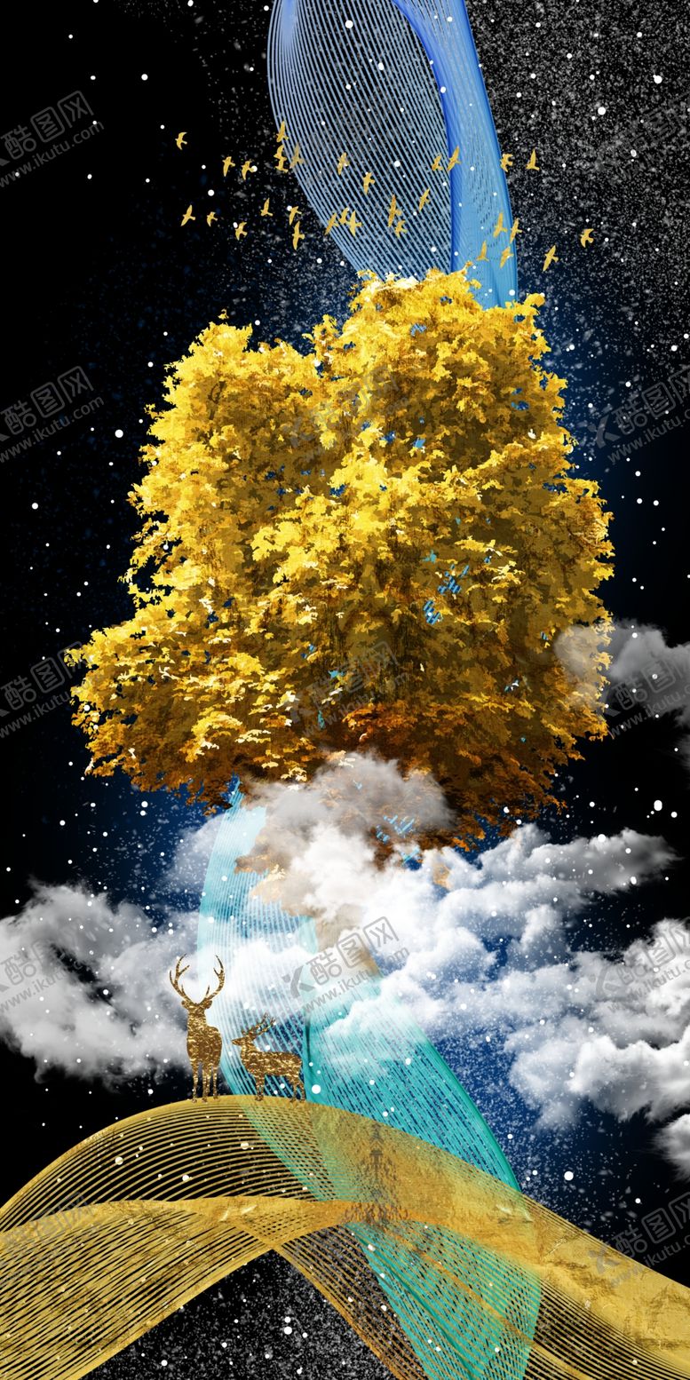 编号：60240309131557308249【酷图网】源文件下载-浮雕花鹿树飘带玄关图