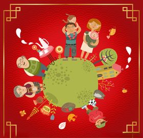 春节红色喜庆卡通人物插画