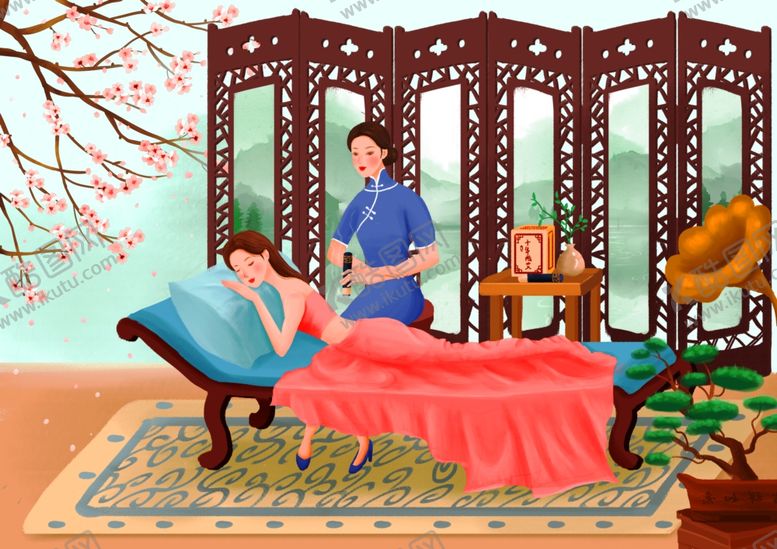 编号：38579809240609326780【酷图网】源文件下载-女性养生插画之艾灸