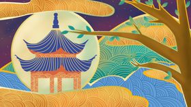 中国风古镇建筑水墨手绘