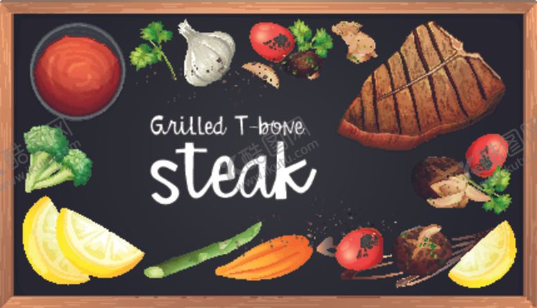 编号：71106709250532207499【酷图网】源文件下载-黑板上的牛排菜单和元素