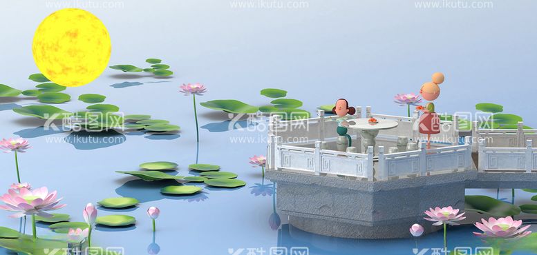 编号：97223101270443408873【酷图网】源文件下载-c4d人物3d荷花荷叶荷塘月色