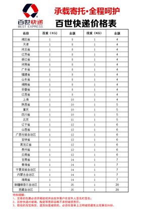 百世快递价格表