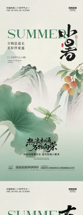 地产小暑大暑荔枝中式插画海报