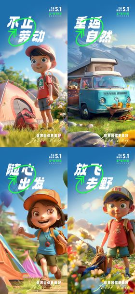 五一劳动节海报出游儿童户外公历日