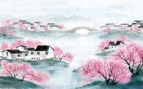 水墨粉桃绘江南美景