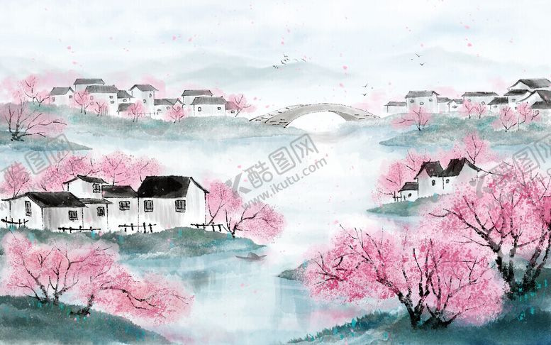 编号：92514111171526443026【酷图网】源文件下载-水墨粉桃绘江南美景