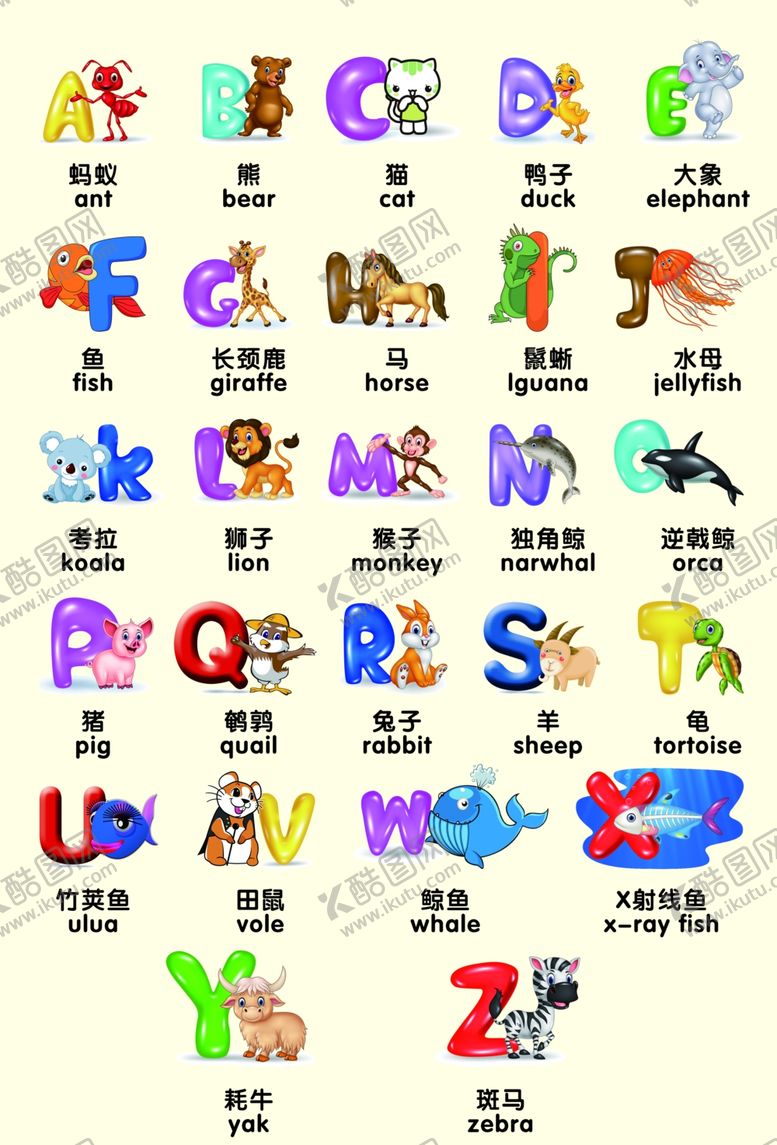 编号：24788709190642305779【酷图网】源文件下载-英文字母动物字母