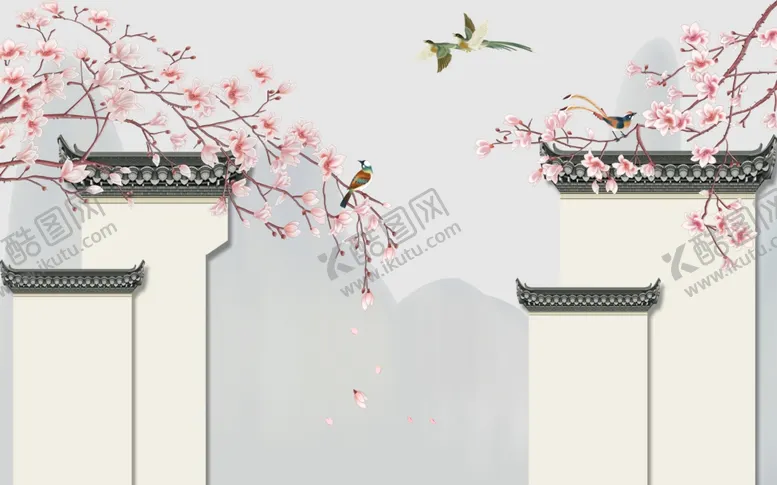 编号：91035406271908054430【酷图网】源文件下载-花鸟画玉兰背景墙