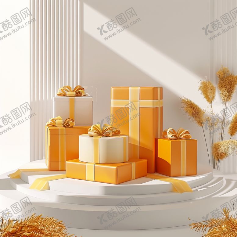 编号：52186801250609092939【酷图网】源文件下载-橙色和黄色的精致礼物盒金色丝带