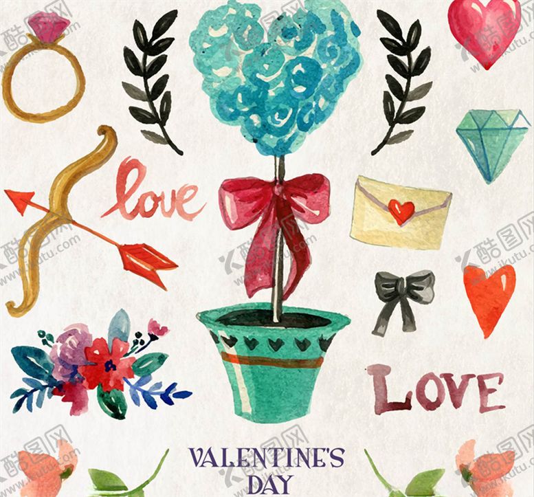 编号：79940309171732189761【酷图网】源文件下载-水彩情人节元素