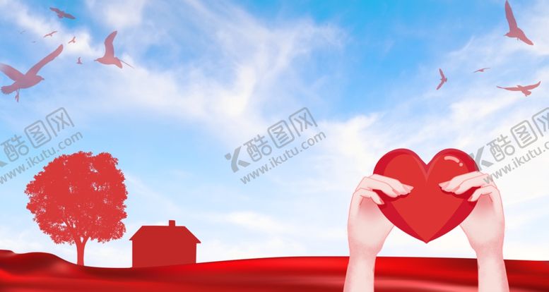 编号：62300306280515085082【酷图网】源文件下载-公益红色飘带爱心人物城市天空