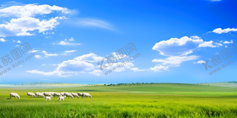 编号：78735611020738207225【酷图网】源文件下载-蓝天白云草地羊群
