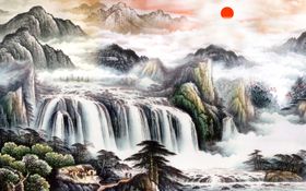 水墨山水画新中式背景壁纸立体背景墙