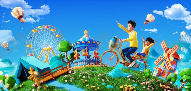 编号：37940806181849003112【酷图网】源文件下载-父亲节郊游父子人物蓝色背景