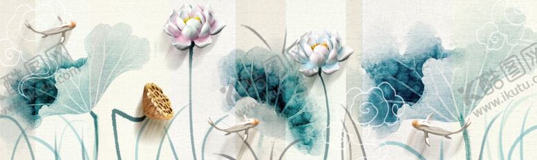 编号：72067907090145331425【酷图网】源文件下载-新中式莲花床头装饰画