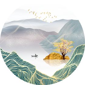 山水湖畔美景圆形挂画装饰画