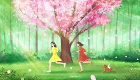樱花清新奔跑插画背景素材
