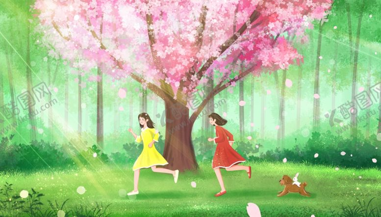 编号：84321305070308539482【酷图网】源文件下载-樱花清新奔跑插画背景素材