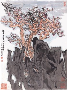岩石梅花国画