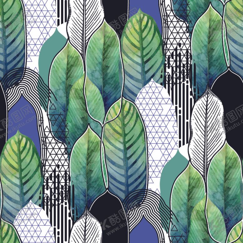 编号：23702810312115464938【酷图网】源文件下载-唯美彩绘纹理树叶羽毛花矢量图案