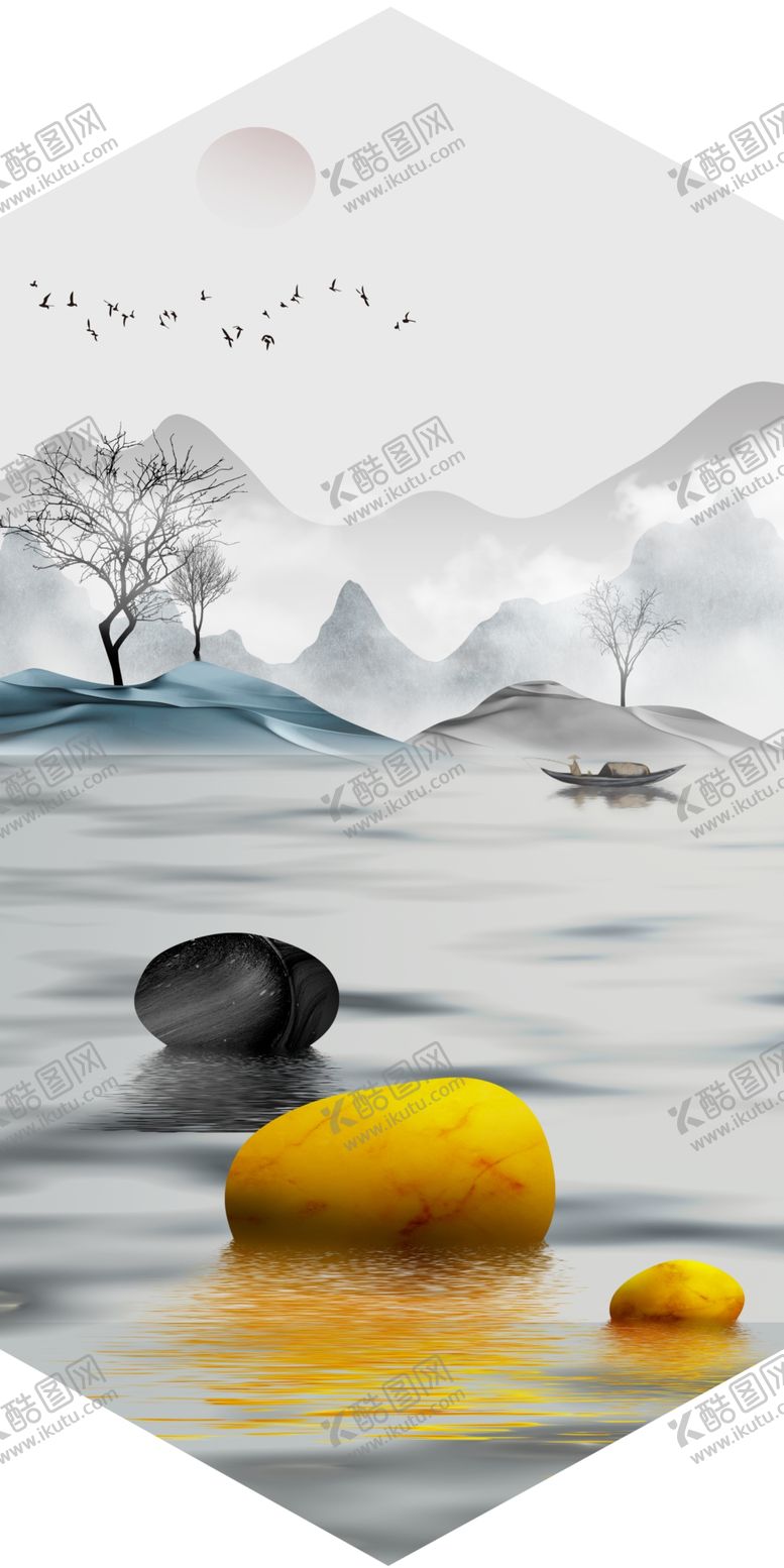编号：74574209121535017616【酷图网】源文件下载-新中式金色石头意境山水风装饰画