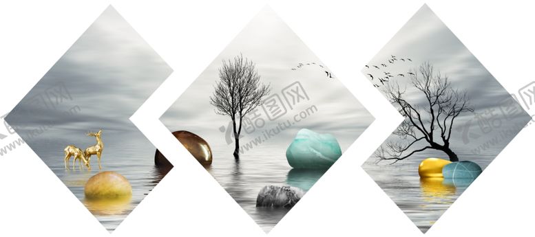 编号：56721609110842326530【酷图网】源文件下载-新中式风景金色麋鹿石头装饰画