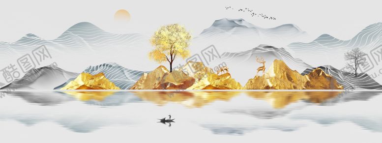 编号：20850005140411459962【酷图网】源文件下载-新中式金色水墨意境山水装饰画