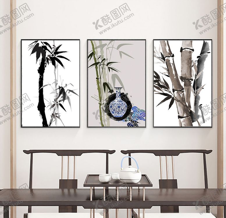 编号：72397807082312072259【酷图网】源文件下载-水墨竹叶三联画