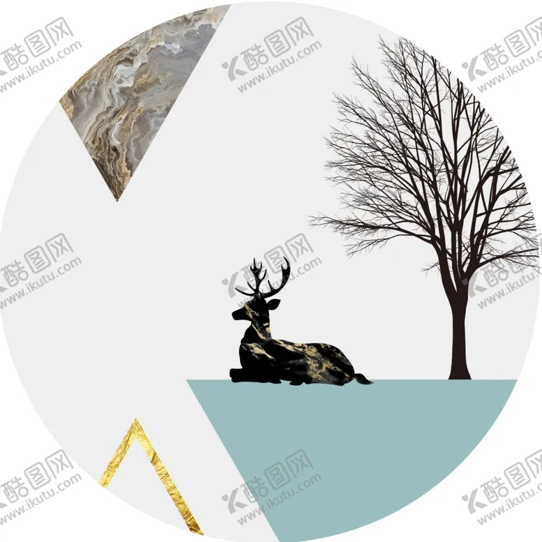 编号：78184801170550145807【酷图网】源文件下载-麋鹿树简约几何圆形挂画装饰画