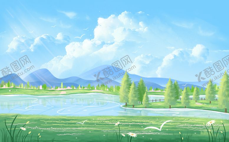 编号：60782309200046350935【酷图网】源文件下载-小清新春天唯美天空蓝天卡通插画