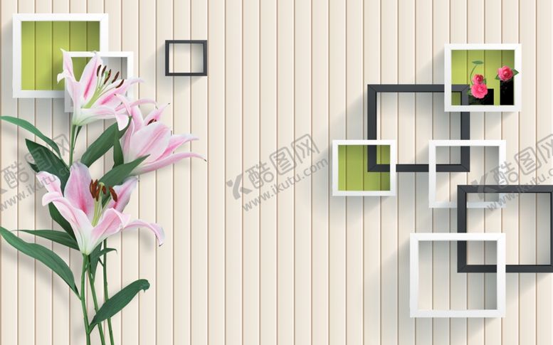 编号：64742210011029432579【酷图网】源文件下载-浮雕花百合花框框背景墙