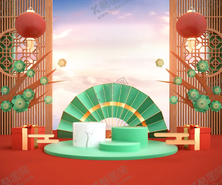 编号：03146709261629500813【酷图网】源文件下载-立体展台 C4D电商海报 国潮