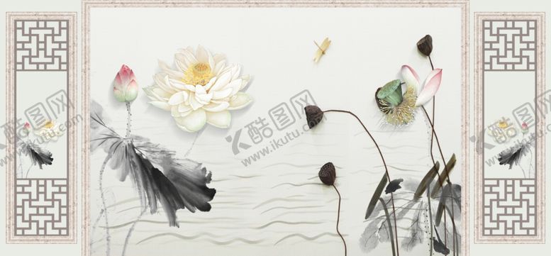 编号：21433110111746439309【酷图网】源文件下载-水墨画荷花莲蓬背景墙