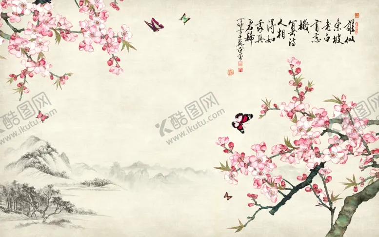 编号：15812801130604112307【酷图网】源文件下载-中国风山水画桃花朵朵