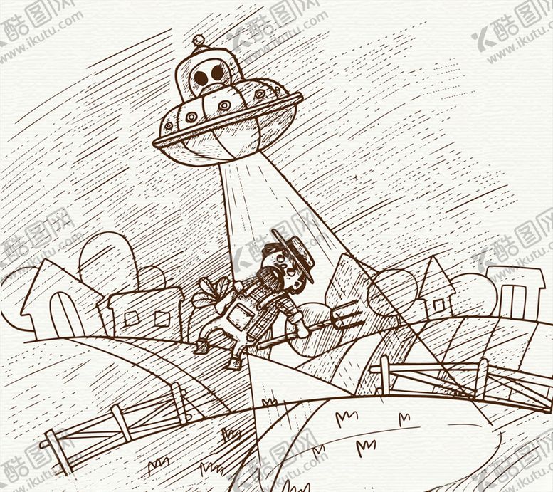 编号：32676310281320363987【酷图网】源文件下载-手绘被外星人绑架的农夫
