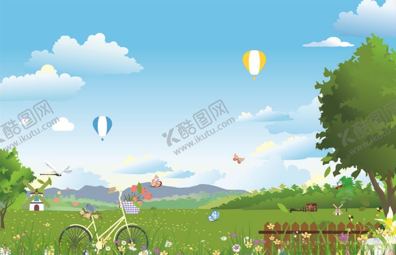 编号：59617507011923469401【酷图网】源文件下载-卡通矢量蓝天白云草地