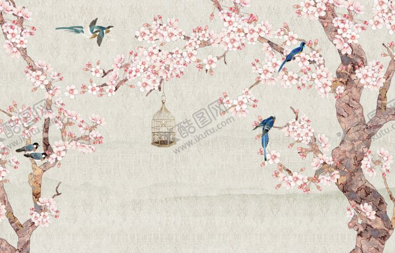 编号：86349112080746482562【酷图网】源文件下载-水墨山水简约花鸟背景客厅装饰画