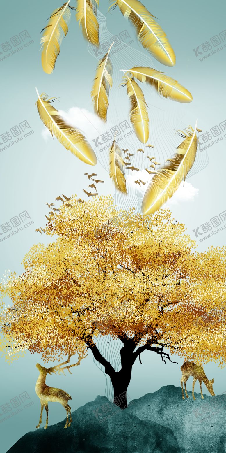 编号：53233909152334575324【酷图网】源文件下载-北欧清新麋鹿羽毛装饰画