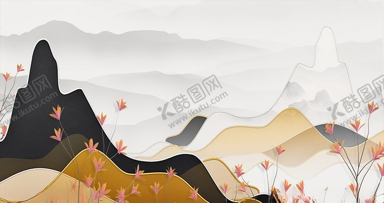 编号：49903004280220281165【酷图网】源文件下载-新中式山水鎏金仙鹤背景