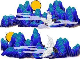 水墨山水间飞鸟伴月景