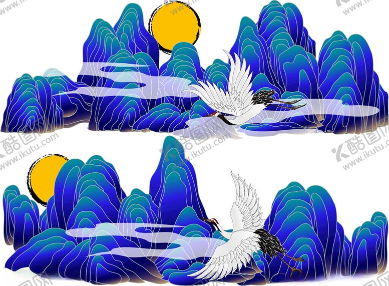 编号：27528810280231174306【酷图网】源文件下载-水墨山水间飞鸟伴月景