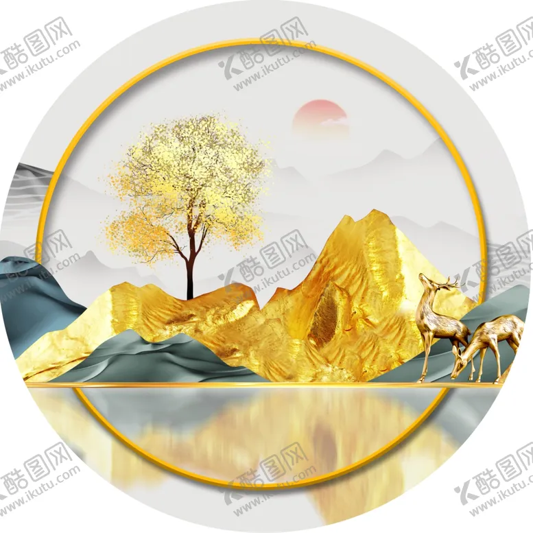 编号：71042611302007216064【酷图网】源文件下载-发财树湖畔水墨圆形挂画装饰画