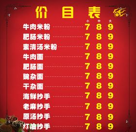 米粉价目表