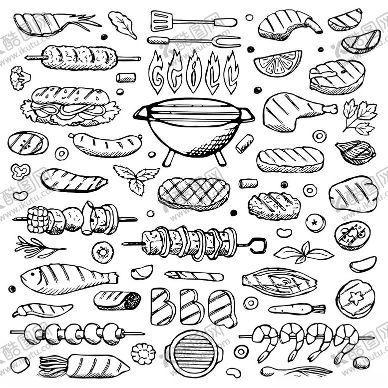 编号：84630209141803318824【酷图网】源文件下载-手绘烧烤美食元素集合