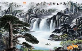 流水生财山水水墨画