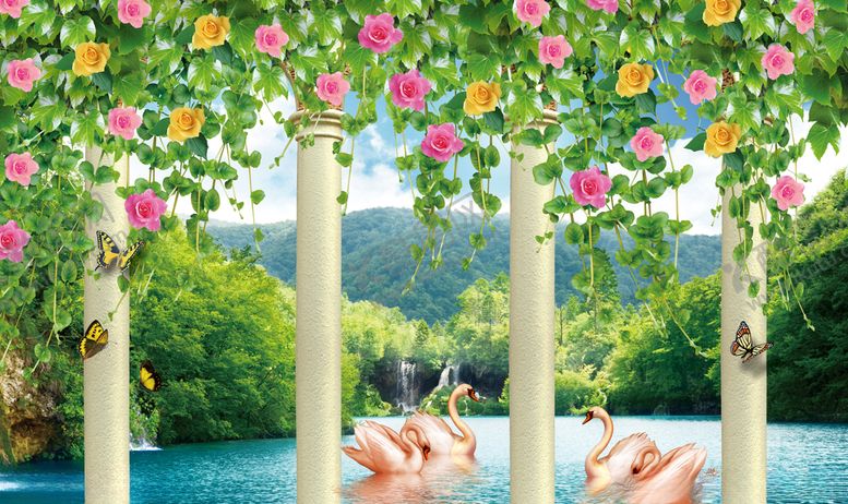 编号：88704511101550083331【酷图网】源文件下载-风景天鹅背景墙