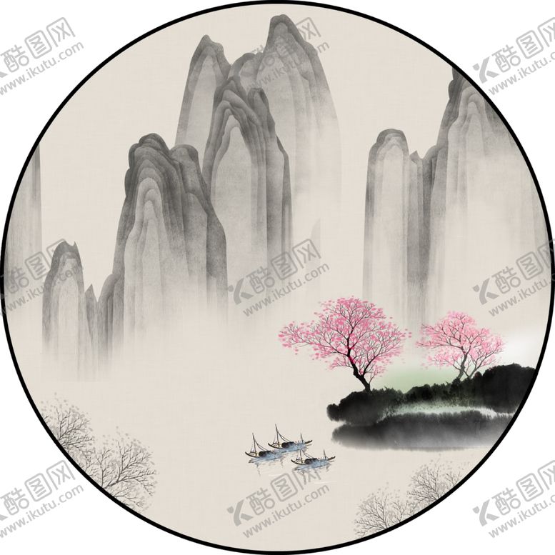 编号：44441509251512387659【酷图网】源文件下载-新中式意境山水圆形装饰画图片