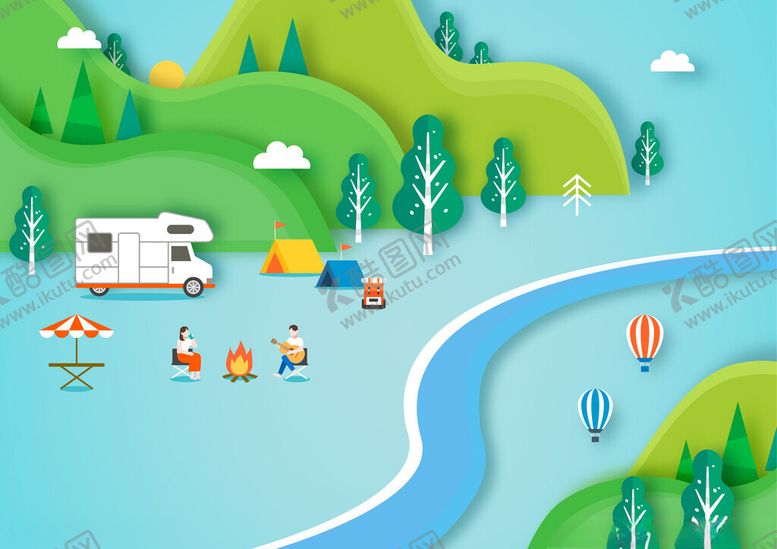 编号：31740404011530095819【酷图网】源文件下载-湖畔露营场景惬意休闲