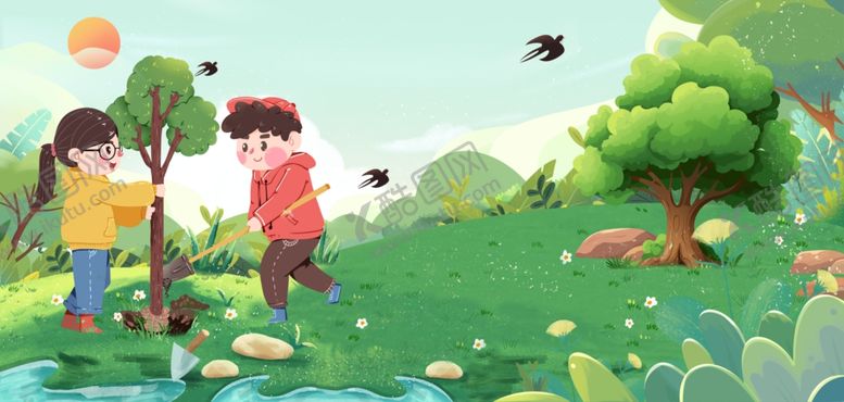 编号：89356604032304381566【酷图网】源文件下载-植树节清新春季植树孩童背景